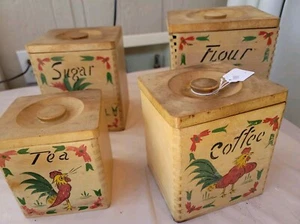 Vintage Wooden Rooster Nesting Kitchen Canister Set Japan Mid Century Modern - Picture 1 of 1