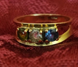 Anello Oro 14K Con Pietre Nascita Topazio Quarzo Peridoto Taglia 6 1/2 Vintage - Foto 1 di 14