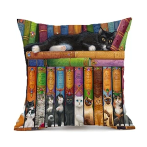 Cat Books Cushion Cover 45 X 45cm RETRO Pillow Case GIFT Home Decor Library - Picture 1 of 1