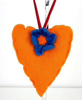 Hanging Heart Decoration Mini Cushion Orange Polka Dot Crochet Flower 16 cm - Image 1 of 4
