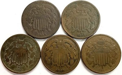 (5) 1864 - 1868 UNITED STATES 2 CENTS CIRCULATED COIN LOT - Image 1 of 2
