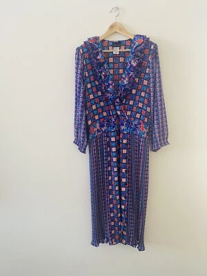 Vestido Kayee Cole Vintage Midi Talla M Azul Brillante Manga Larga Plisado Volantes Años 80’s Foto 1 de 4