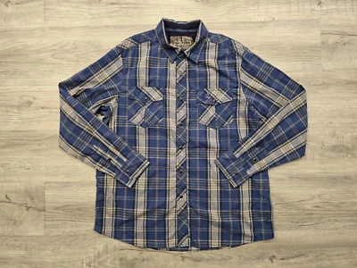 Realtree Western Shirt Men Large Blue Yellow Plaid Pearl Snap Long Sleeve Pocket - Image 1 of 4