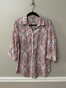 Chicos Womens Tunic Shirt 1 Medium Non Iron Linen Paisley Print 3/4 Sleeve - Picture 1 of 9