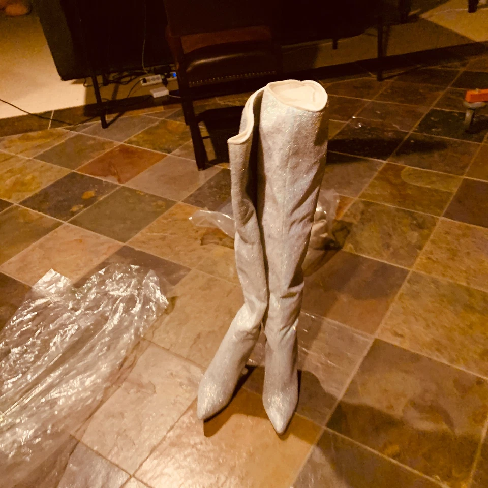 COURTLY-3015 女式性感 5 英寸高白色闪光大腿高筒靴,尺寸。 8(G125) — 第 1/4 张图片