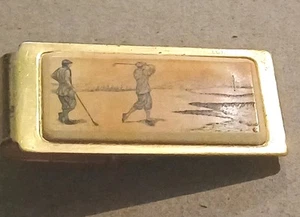 Vintage Money Clip Barlow Faux Scrimshaw Two Golfers - Picture 1 of 22