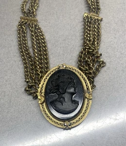 ANTIQUE VINTAGE BLACK GLASS CAMEO PENDANT NECKLACE MOURNING GOTHIC - Picture 1 of 13