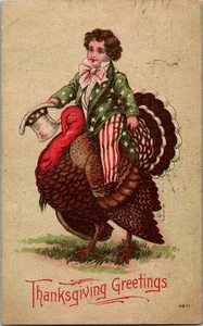 Patriotic Thanksgiving Postcard Boy in Stars & Stripes Riding Turkey KO2 - Picture 1 of 2