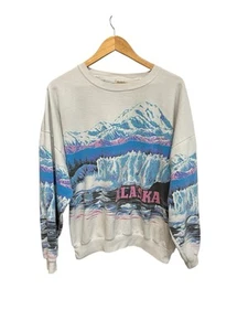 Vintage 90s Alaska All Over Print AOL Neon Souvenir Sweatshirt L/XL - Picture 1 of 4