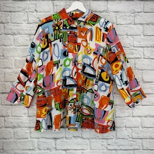Ali Miles Button Front Vibrant Printed Top Eclectic Lagenlook Whimsical XLP - Picture 1 of 14