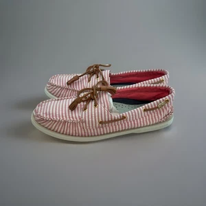 Sperry Top Sider Boat Shoe Womens 12 Seersucker Striped Coral Pink Raw Hide Lace - Picture 1 of 14