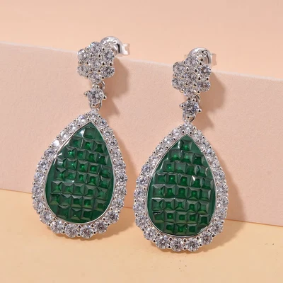 Simulated White and Green Diamond Drop Earrings in Rhodium Over Sterling Silver - Image 1 of 4