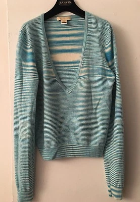 Свитер Michael Kors кашемировый синий и белый в полоску размер L подходит для M большого размера с V-образным вырезом - Изображение 1 из 4