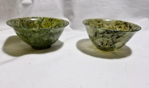 Vintage 2pcs Chinese Spinach jade carved bowls Dia10cm H5cm-H5.3cm - Picture 1 of 9