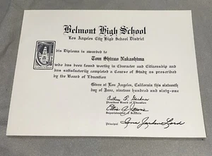 Belmont High School Los Angeles California 1961 Diploma Of Graduation - Picture 1 of 3