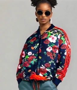 ADIDAS Rita Ora Floral Insect Satin Bomber Jacket Red Logo Stripes Blue XS EUC * - Picture 1 of 12