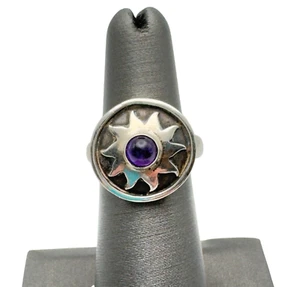 Vintage Sterling Silver 925 Amethyst Ring Sun Celestial Signed LM Boho Size 6.75 - Picture 1 of 8