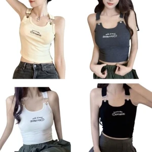 Women Summer Letter Embroidery Crop Tank Top Sleeveless Padded Racerback Vest - Picture 1 of 12