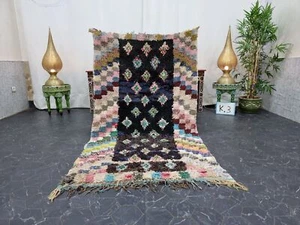 Moroccan Handmade Vintage Boucherouite 3'6"x6'4" Geometric Pink Cotton Carpet - Picture 1 of 12