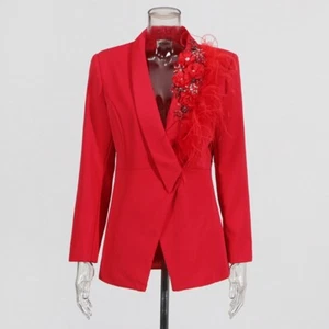 Women's Luxury Diamond Studded Patchwork Feather Fashionable Wedding Suit Jacket - Picture 1 of 18