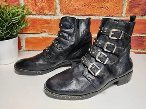 WOMENS DUNE LONDON UK 5 EU 38 BLACK LEATHER GOLD STUDDED BUCKLE ANKLE BOOTS PUNK - Picture 1 of 5