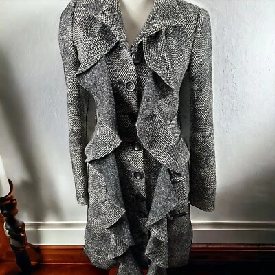 Casaco de inverno DVF Diane Von Furstenberg MILLITETTE frente babado mistura de lã tamanho 2 - Imagem 1 de 4