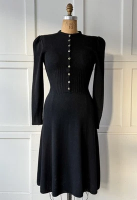 Vestido Vintage Años 70 St. John Negro Santana Tejido Botón Manga Larga Talla XS-S Foto 1 de 4