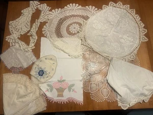 Lot of 9 Vintage Hand Made Doilies Table Cloth Various Sizes Shapes White Cream - Picture 1 of 9