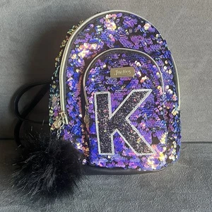 NWT Justice Iridescent Flip Sequin & Black Velvet Mini Backpack Purse, Initial K - Picture 1 of 20