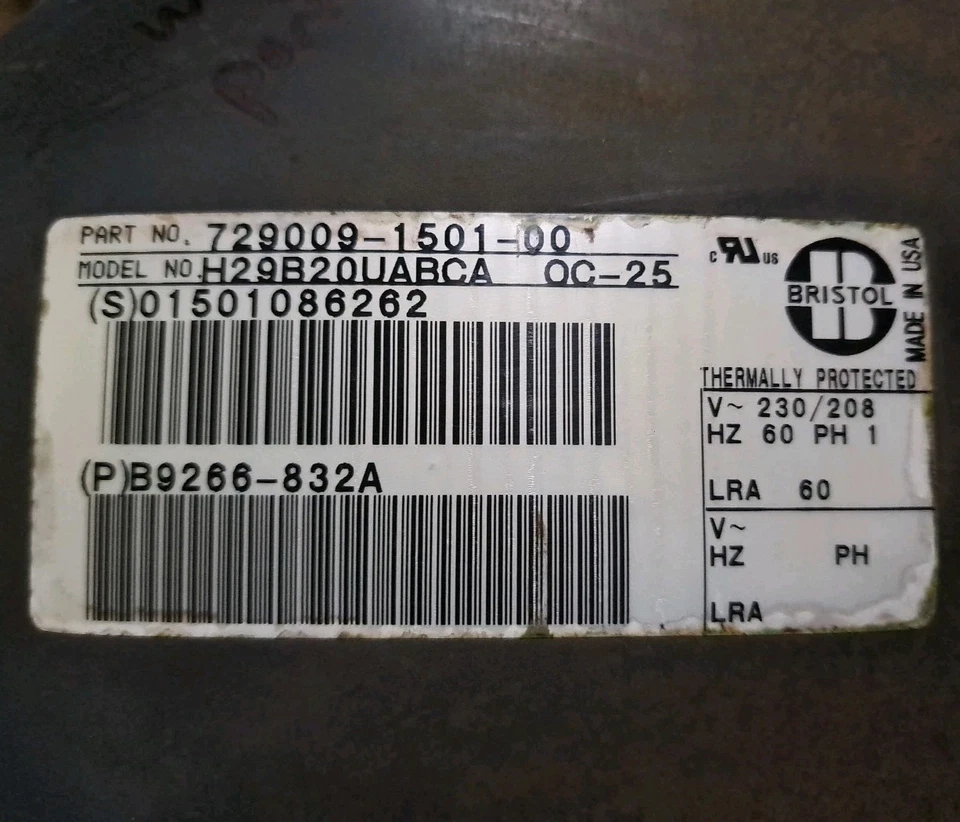 Bristol H29B20UABCA 208/230v R22 A/C Compressor 1.8 TON - Image 1 of 1