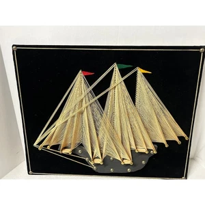 Vintage 1970's String Art Schooner on Black Velvet Backing, Beautifully Done! - Picture 1 of 10