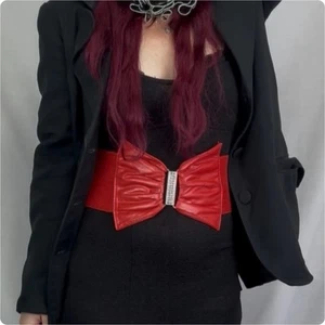 Cherry Red Stretch Corset Bow Belt - Rhinestone Statement Cincher - S/M - Picture 1 of 5