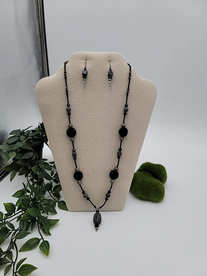 Collar de Obsidiana Copo de Nieve 26" y Pendientes 1.5" Conjunto de Joyería con Cuentas Foto 1 de 4