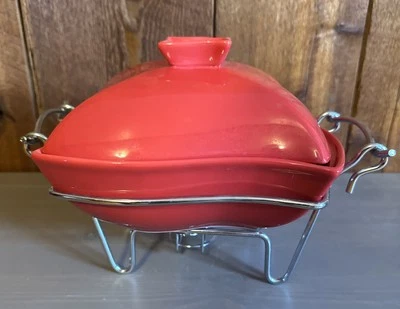 Godinger Sienna 1 Quart Pagoda Covered Porcelain Baker~Red~Chrome Warmer Stand - Image 1 of 4