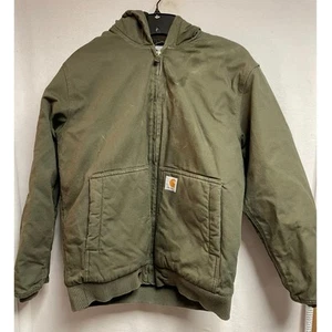 Carhartt olive green hooded winter jacket quilted lined heavy coat L 14-16 youth - Picture 1 of 7