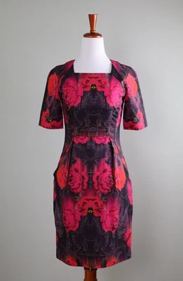 NANETTE LEPORE $390 Genuine Leather Trim Printed Lined Sheath Dress Size 0 - Image 1 of 4