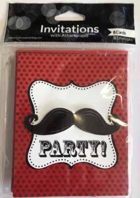 Mustache Madness Invitations Invites Red Black Party Birthday Event - Image 1 of 4