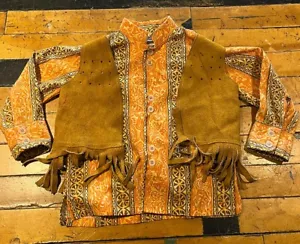 Camicia Nehru vintage anni 60 bambino collo e gilet pelle frange Beatnik - Foto 1 di 3