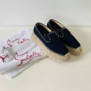 Christian Louboutin Espaboat Flat Toile Obscur Dark Navy Blue Silver Spike 37, 7 - Picture 1 of 9