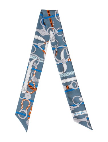 HERMÈS Mini sciarpa cravatta collo seta stampa catena grigio arancione HERMES Twilly Panoplie