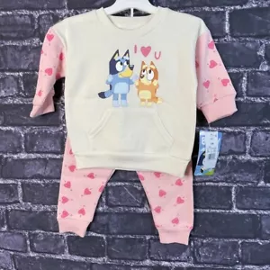 Bluey & Bingo 12 Months Pink Cream Hearts I LOVE YOU Valentine’s Day jogger set - Picture 1 of 10