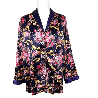 Vintage Maidenform Pajama Top Women Large Purple Satin Button Down Long Sleeve - Image 1 of 4