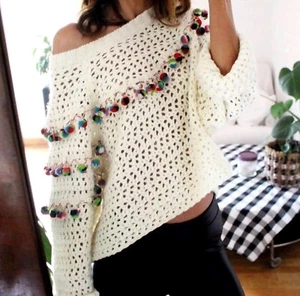 ZARA ECRU LOOSE FIT OPEN WORK KNIT SWEATER JUMPER WITH POMPOM DETAILS SIZE S - Picture 1 of 15