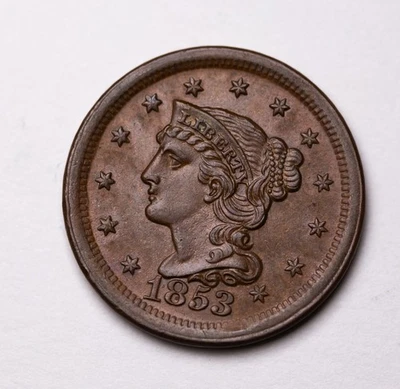 1853 Braided Hair Liberty Head Large Cent Early Copper Penny 1c Mature Head UNC - Image 1 of 3