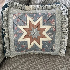 Vtg Patchwork Tuck Lone Star Quilted Pillow 14" Primitive Cottage Core With Lace - Picture 1 of 11