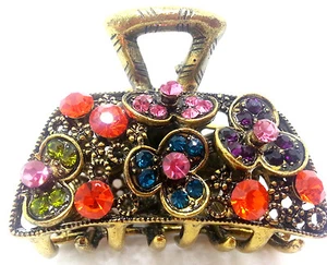 Neu Antik Gold Multi Color Floral Kristall & Strass 1 1/2" Gold Haarkralle - Bild 1 von 3