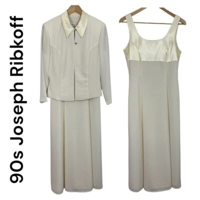 Vestido de Noche Joseph Ribkoff Vintage Años 90 + Chaqueta Talla 8 Blanco Crema Satén Elegante Foto 1 de 4