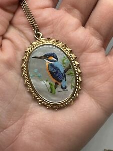 Vintage Norman Arlott Pendant Necklace Kingfisher Gold Plated Mother Of Pearl