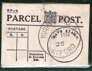 GB HERTS PAQUETE ETIQUETA POSTAL *BUSHEY HALL RD* Watford CDS 1925{samwells} MARRÓN119 - Imagen 1 de 8