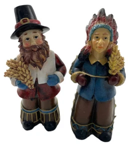 Dos estatuillas de peregrino de acción de gracias otoño llevando trigo 6,5" de alto - Imagen 1 de 12
